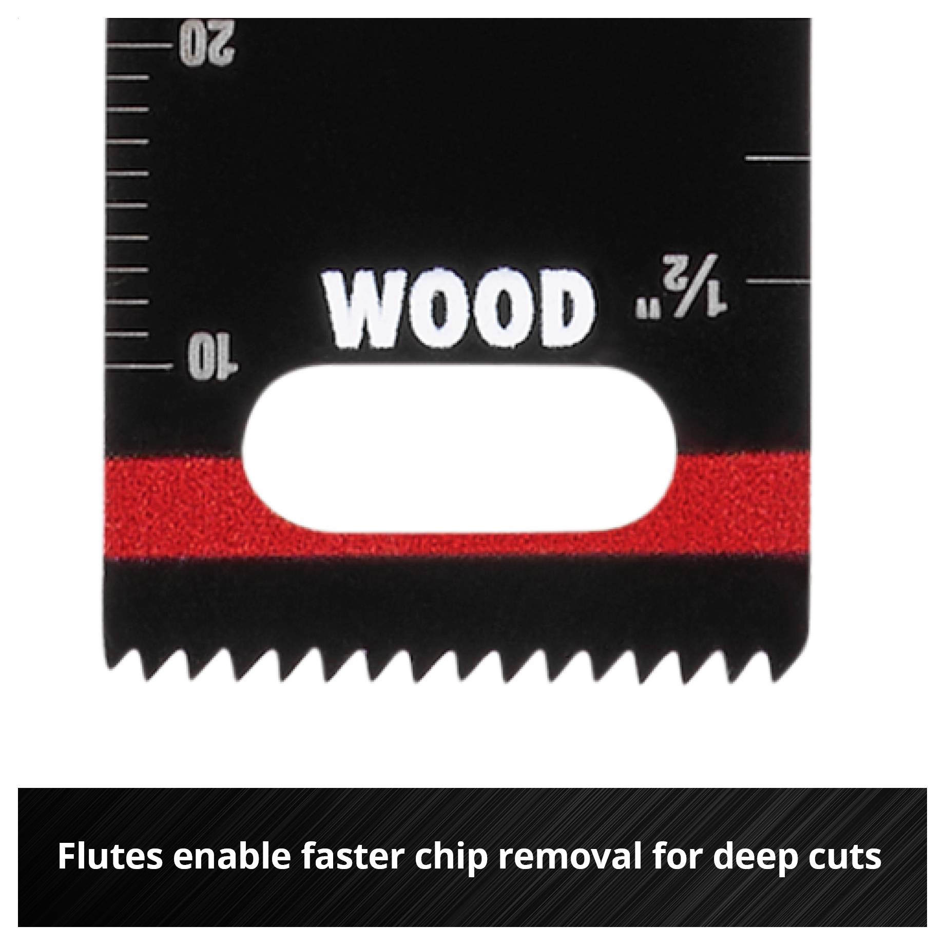 Reciprocating saw blade with the inscription 'WOOD'. Red line marks the depth cut area. Text explains: Faster chip removal with deep cuts.
