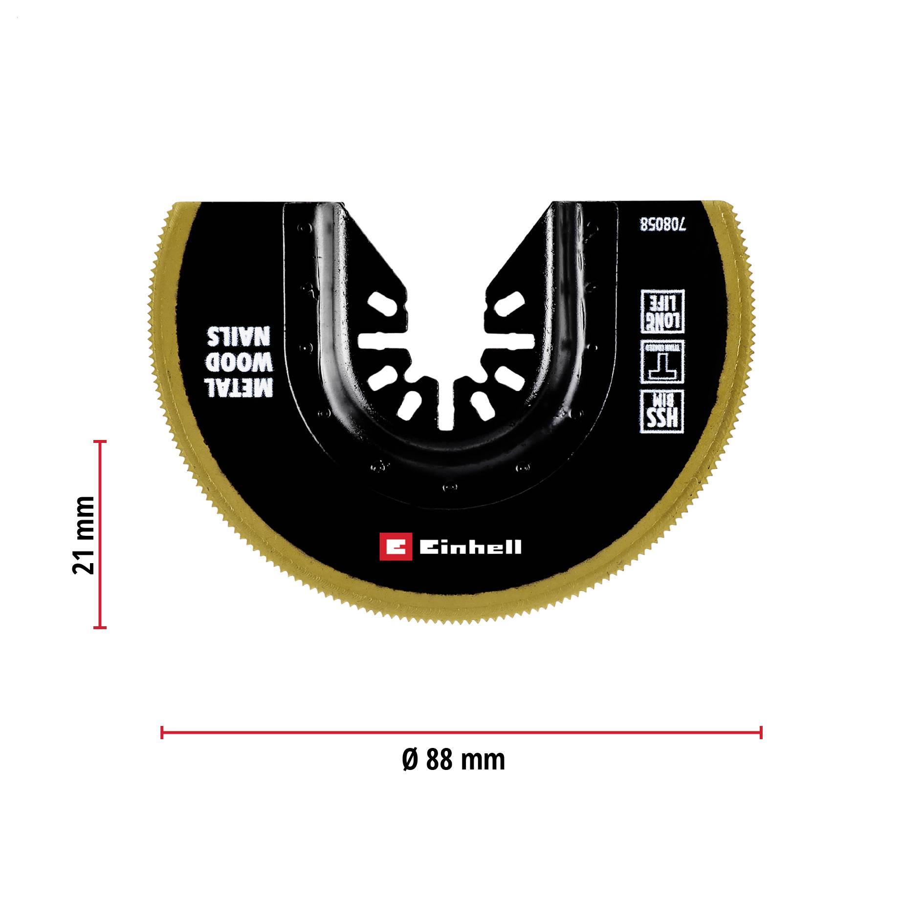 Semi-circular saw blade Ø 88 mm, height 21 mm, for metal, wood and nails. Brand logo and product specifications shown.