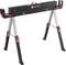 'Toolcraft' branded sawhorse with metal legs, adjustable height, open and close positions, and a carrying handle on top.