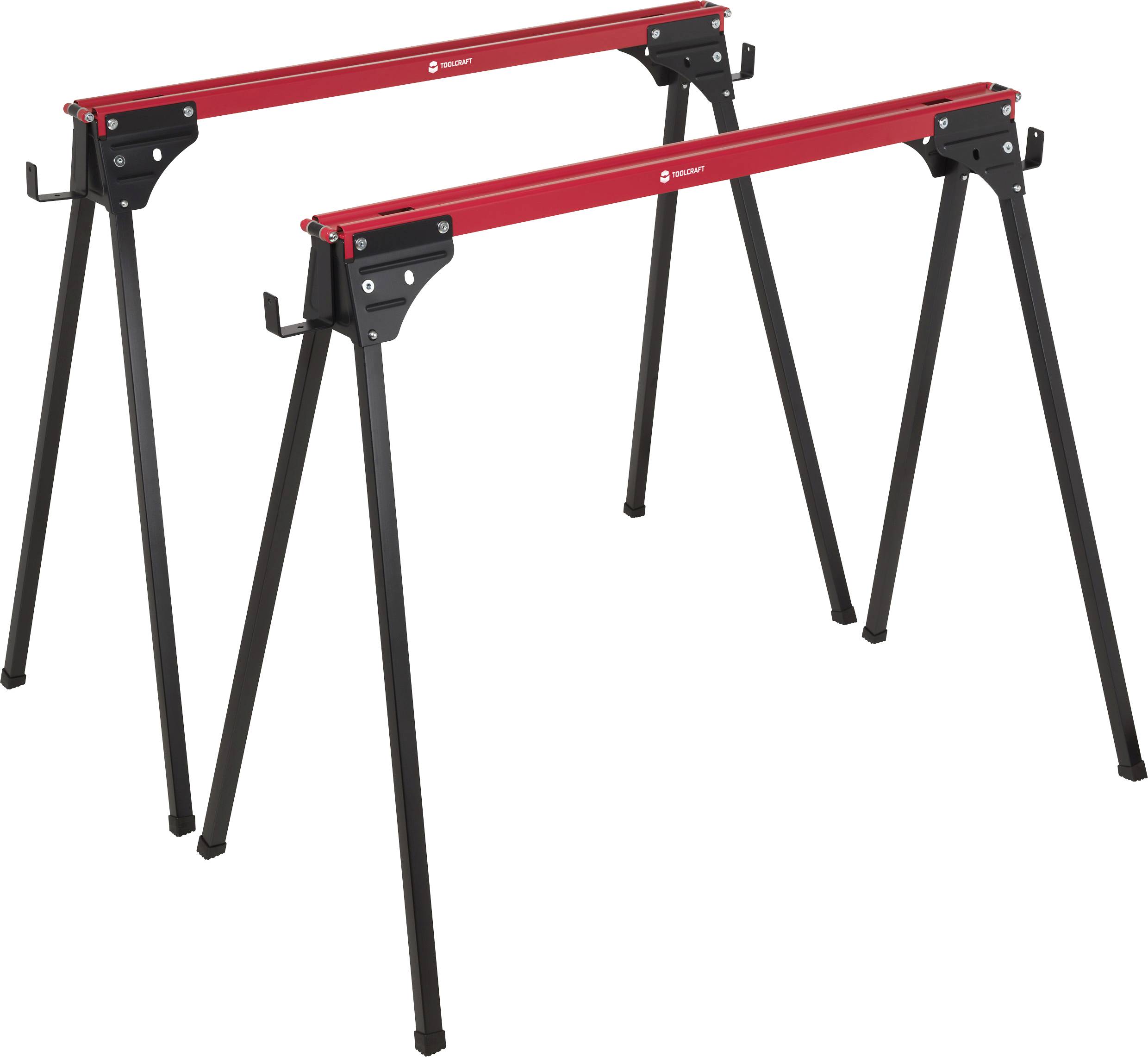 Two red and black metal sawhorses with folding legs, designed to support wood or other materials during construction or woodworking tasks.
