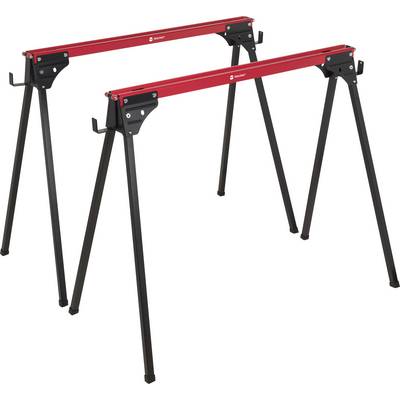 Two red and black metal sawhorses with folding legs, designed to support wood or other materials during construction or woodworking tasks.