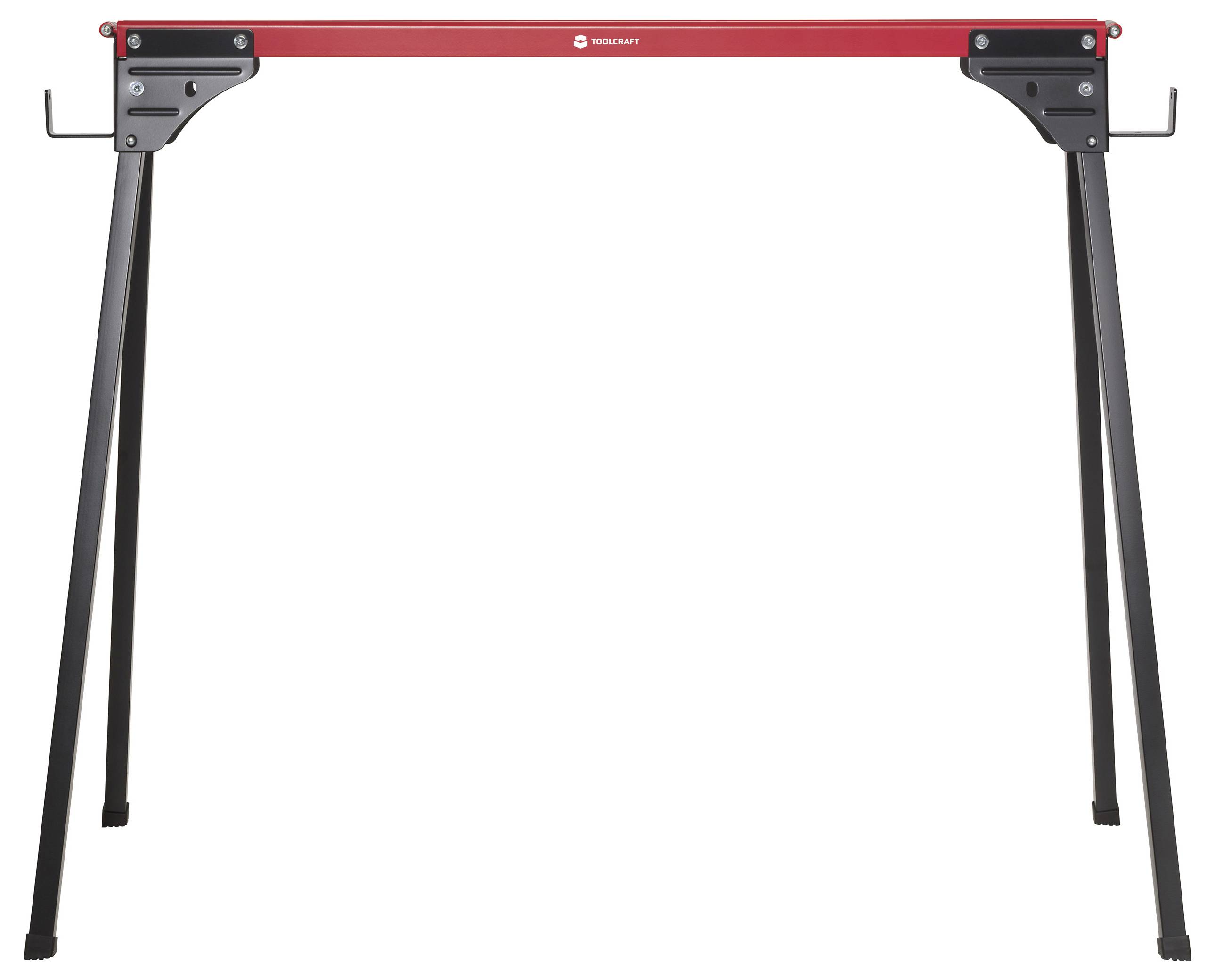 'A folding sawhorse with a red top bar and black legs, designed for supporting materials during cutting or working on construction tasks.'