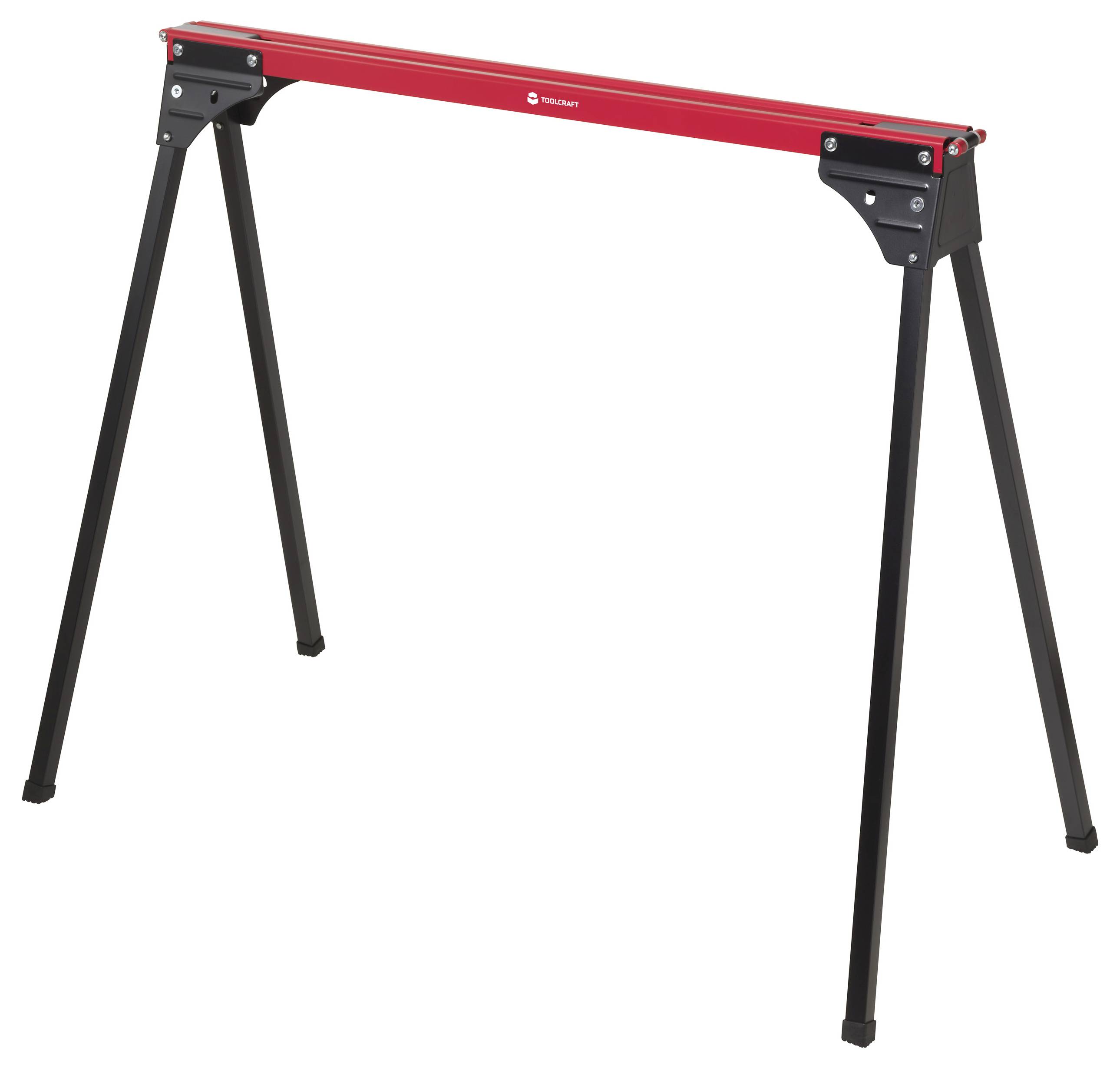 A red and black folding sawhorse with four angled legs, designed to support materials during construction or woodworking projects.