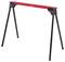 A red and black folding sawhorse with four angled legs, designed to support materials during construction or woodworking projects.