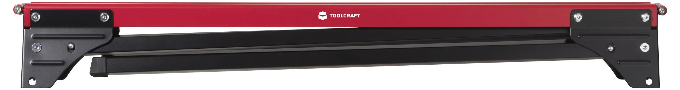 A red Whirlwind portable stage barricade shown in a folded position, featuring black support brackets and a durable metal frame.