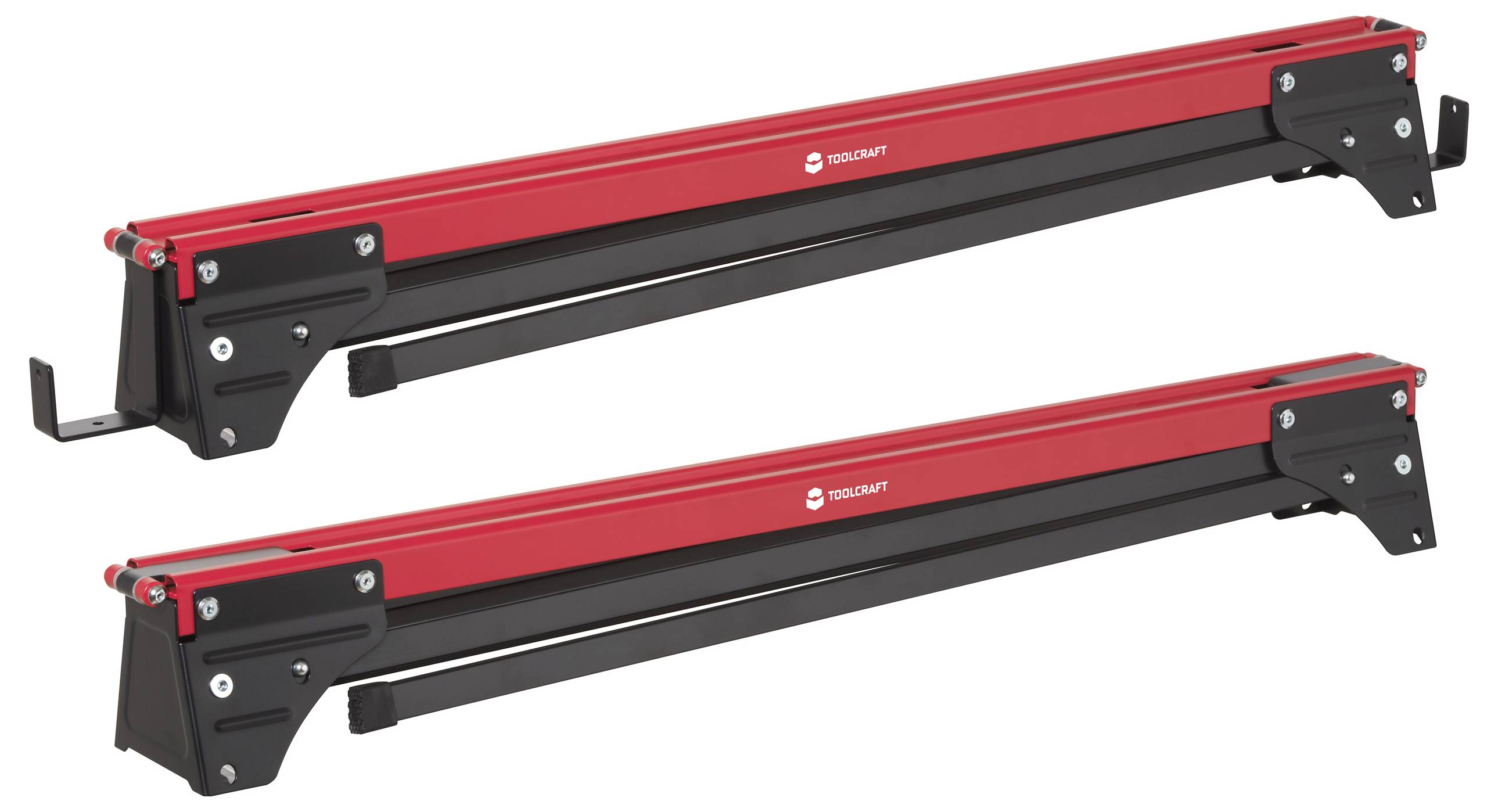 'TOOLCRAFT' black and red metal sawhorse brackets with adjustable arms, designed for supporting workpieces in woodworking or construction tasks.
