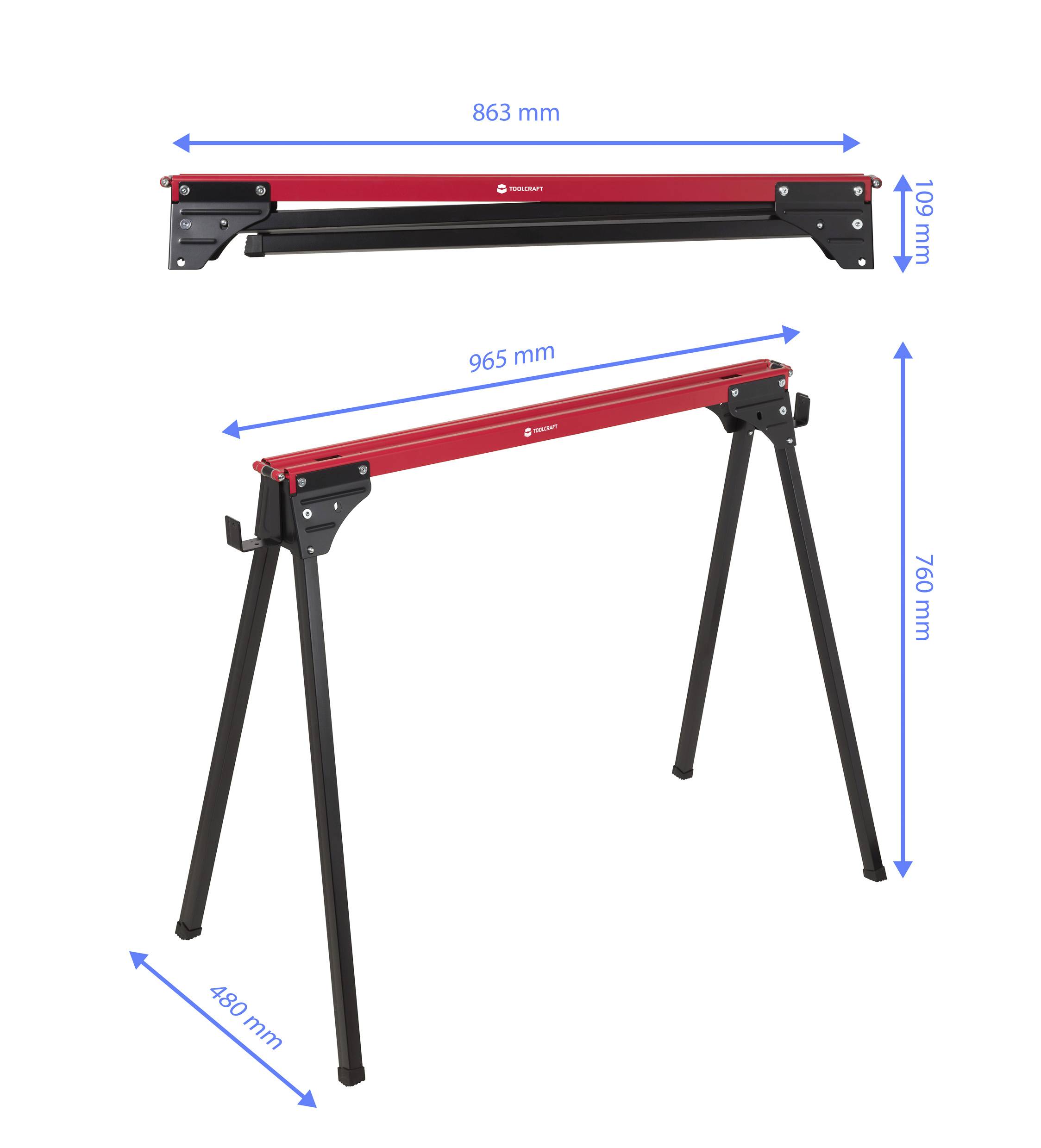 Foldable sawhorse with measurements: 863 mm width closed, 965 mm width open; 109 mm height closed, 760 mm height open; 480 mm leg span.