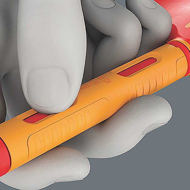 A hand holding an orange and red epinephrine auto-injector, commonly used for emergency treatment of severe allergic reactions.