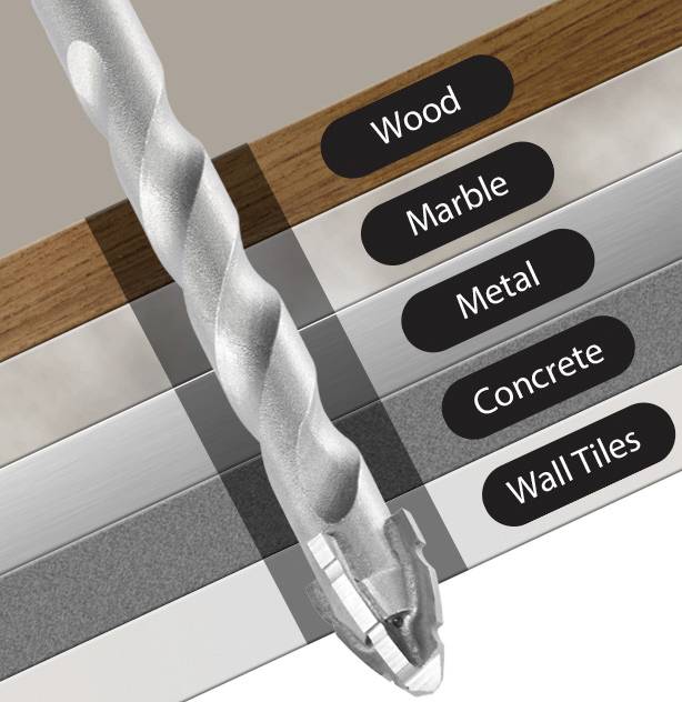 A drill bit positioned over layers labeled 'Wood,' 'Marble,' 'Metal,' 'Concrete,' and 'Wall Tiles,' indicating its multi-surface use.