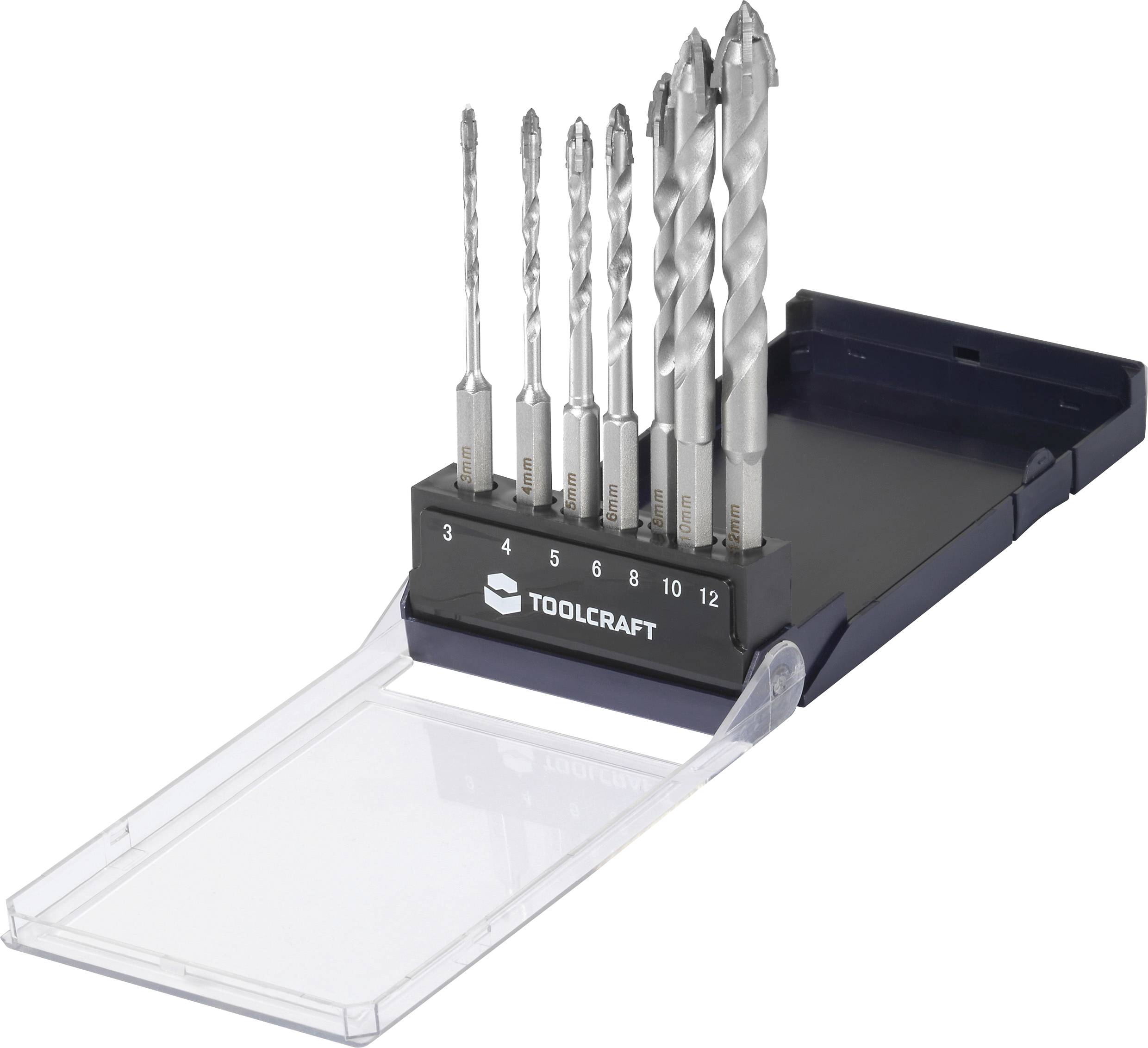 A set of seven metal drill bits in varying sizes displayed in an open, labeled case starting from size 3 to size 12 by Toolcraft.