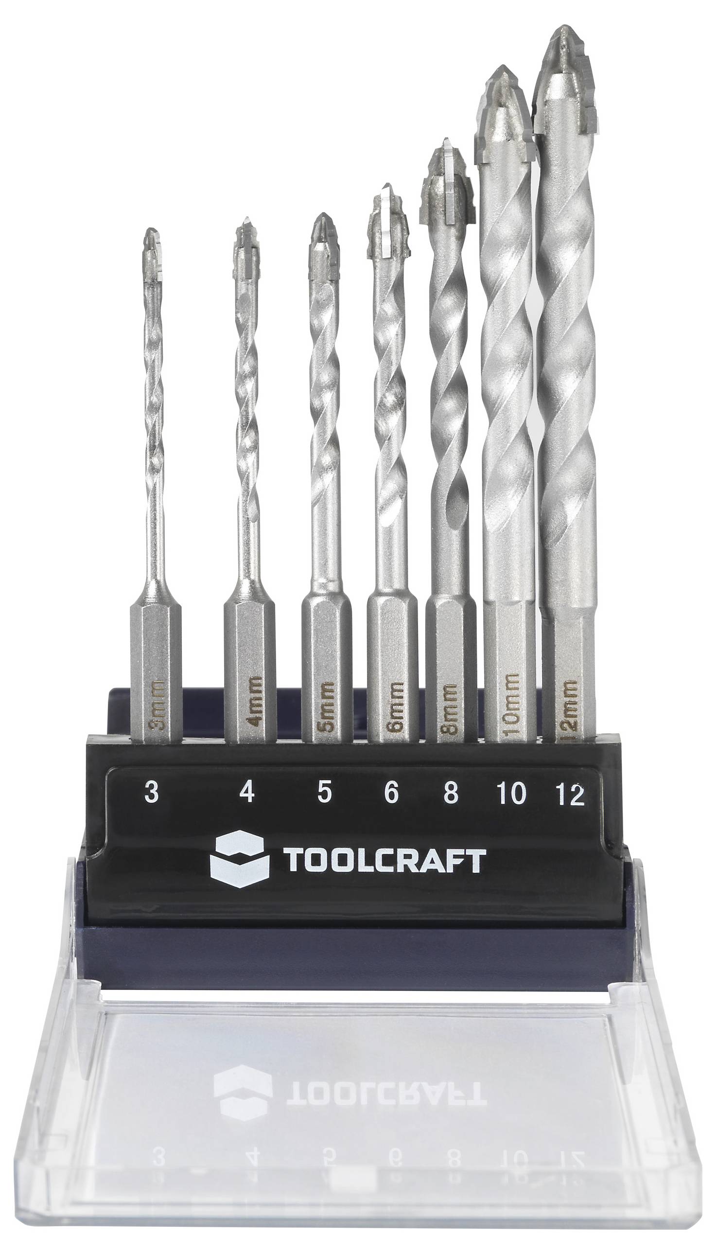 A set of eight metal drill bits of various sizes, labeled from 3mm to 12mm, displayed in a tool holder branded 'Toolcraft'.