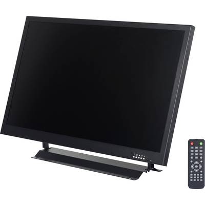 A flat-screen monitor with a blank screen is displayed on a stand, accompanied by a remote control positioned on the right side.
