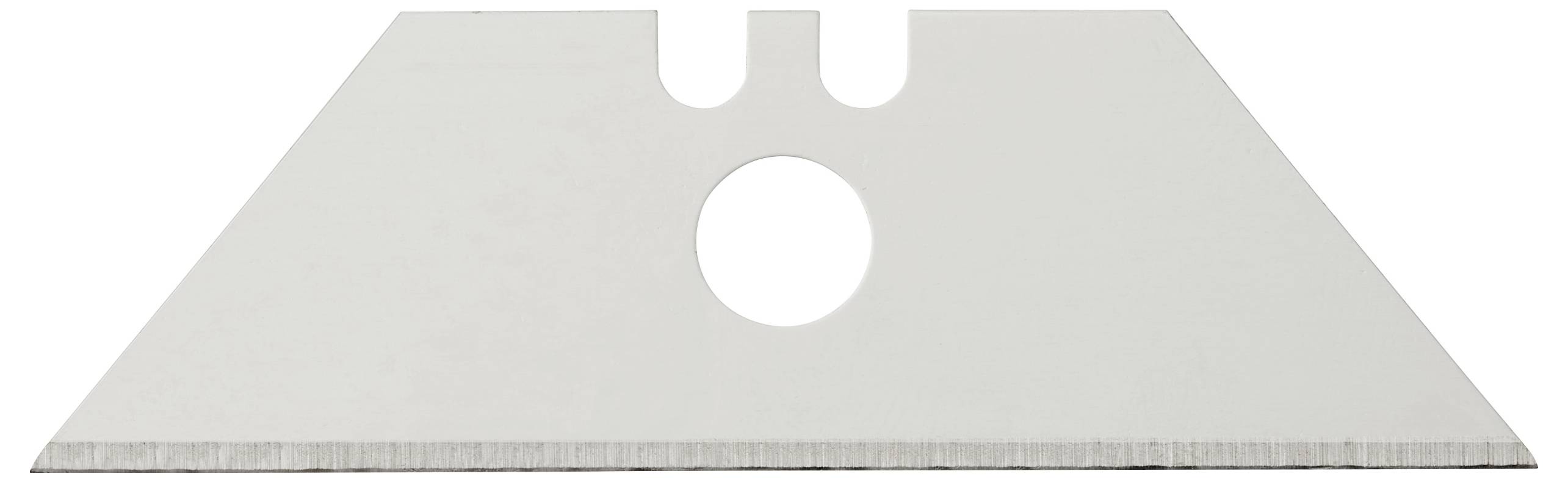 A trapezoidal utility knife blade with a straight edge and central circular hole, used for cutting materials in various applications.