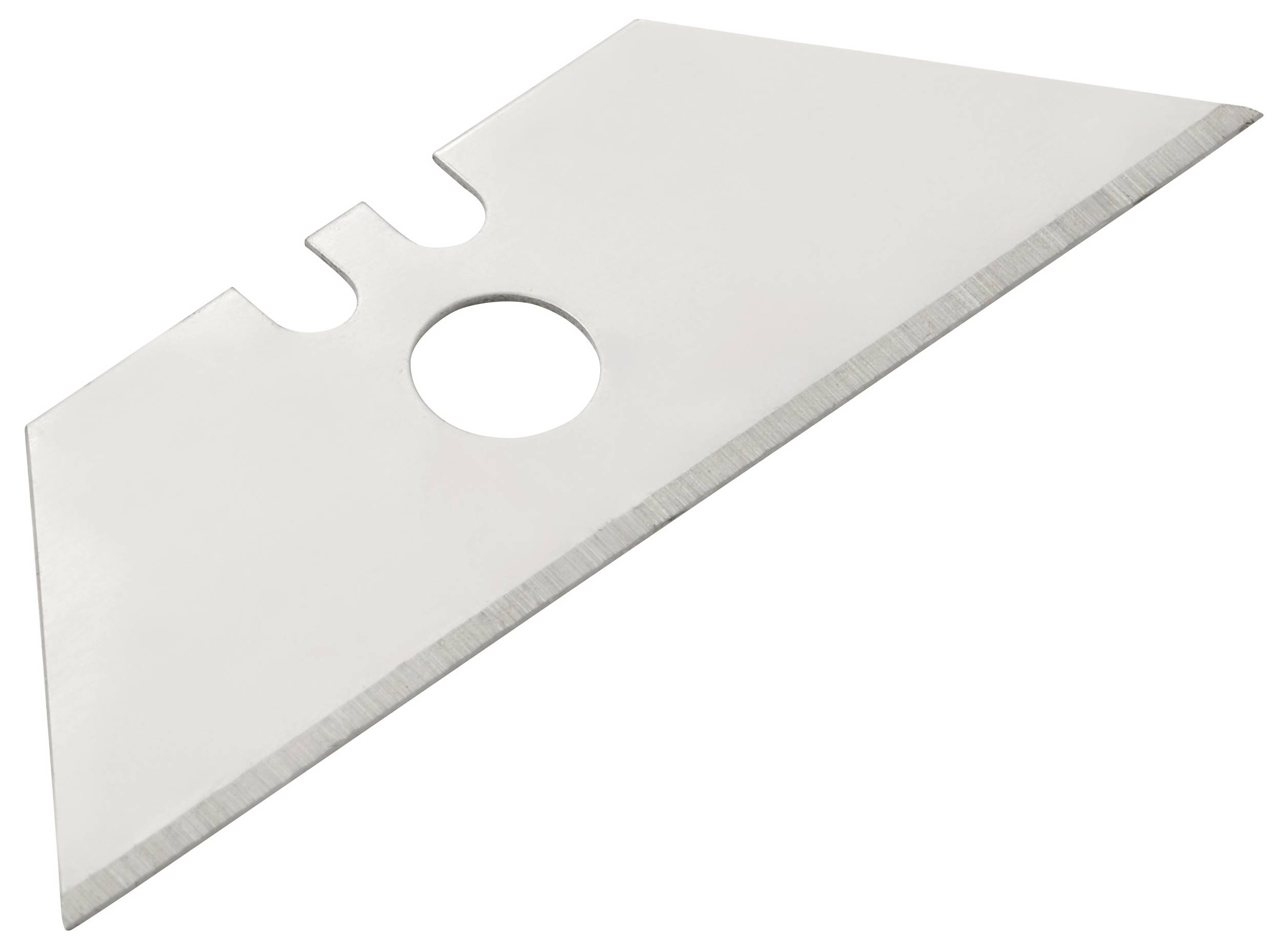 A single trapezoidal utility blade on a white background, featuring a central circular hole and notches, designed for cutting tasks.