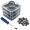 Tool set with a blue plastic pry tool and various black fasteners organized in a clear, three-tiered storage box, shown open.