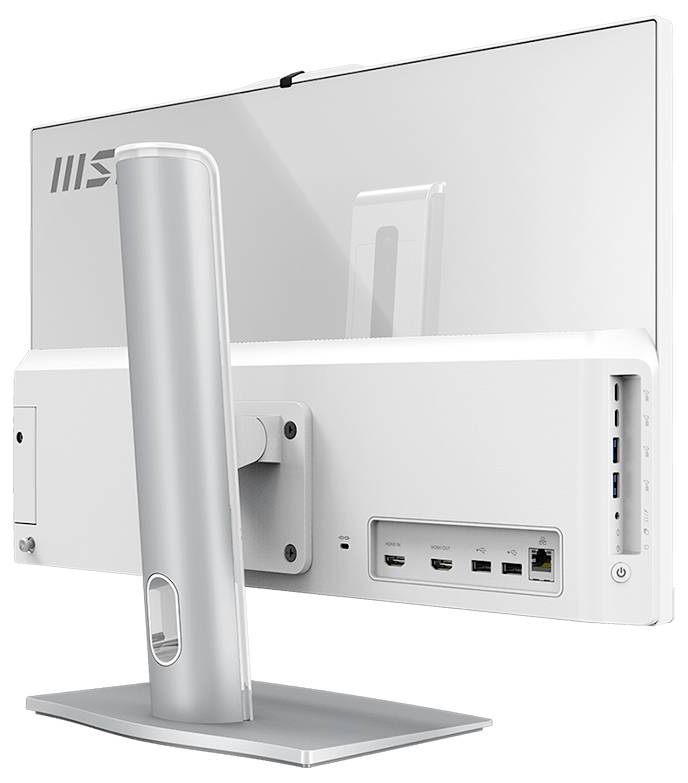 Back view of a white computer monitor with a silver stand, showing various ports including HDMI, USB, and Ethernet on the back panel.