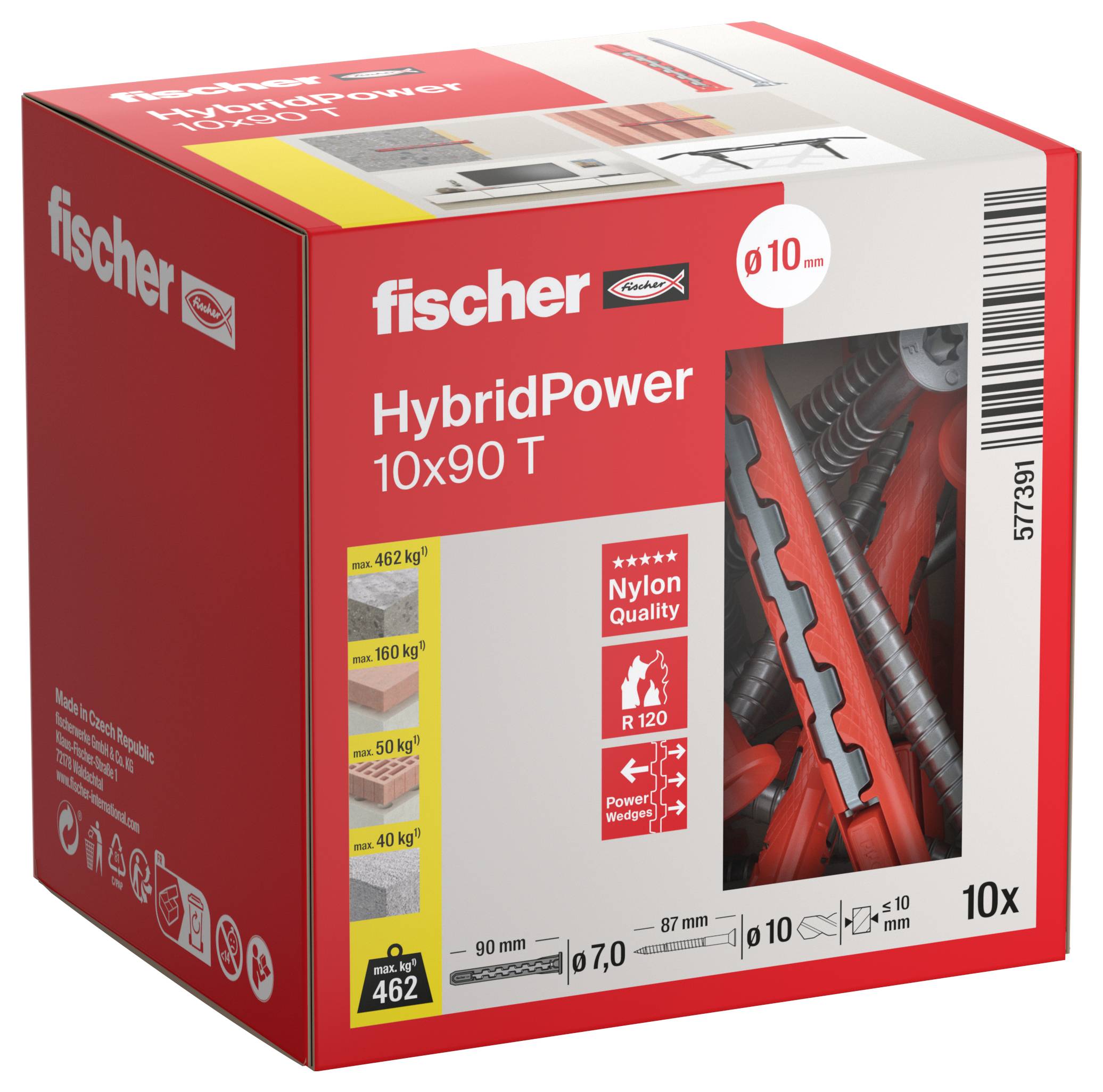 A box of 'fischer HybridPower 10x90 T' nylon wall plugs, size 10mm, load capacity up to 462 kg. Contains 10 plugs, R 120 fire-rated.