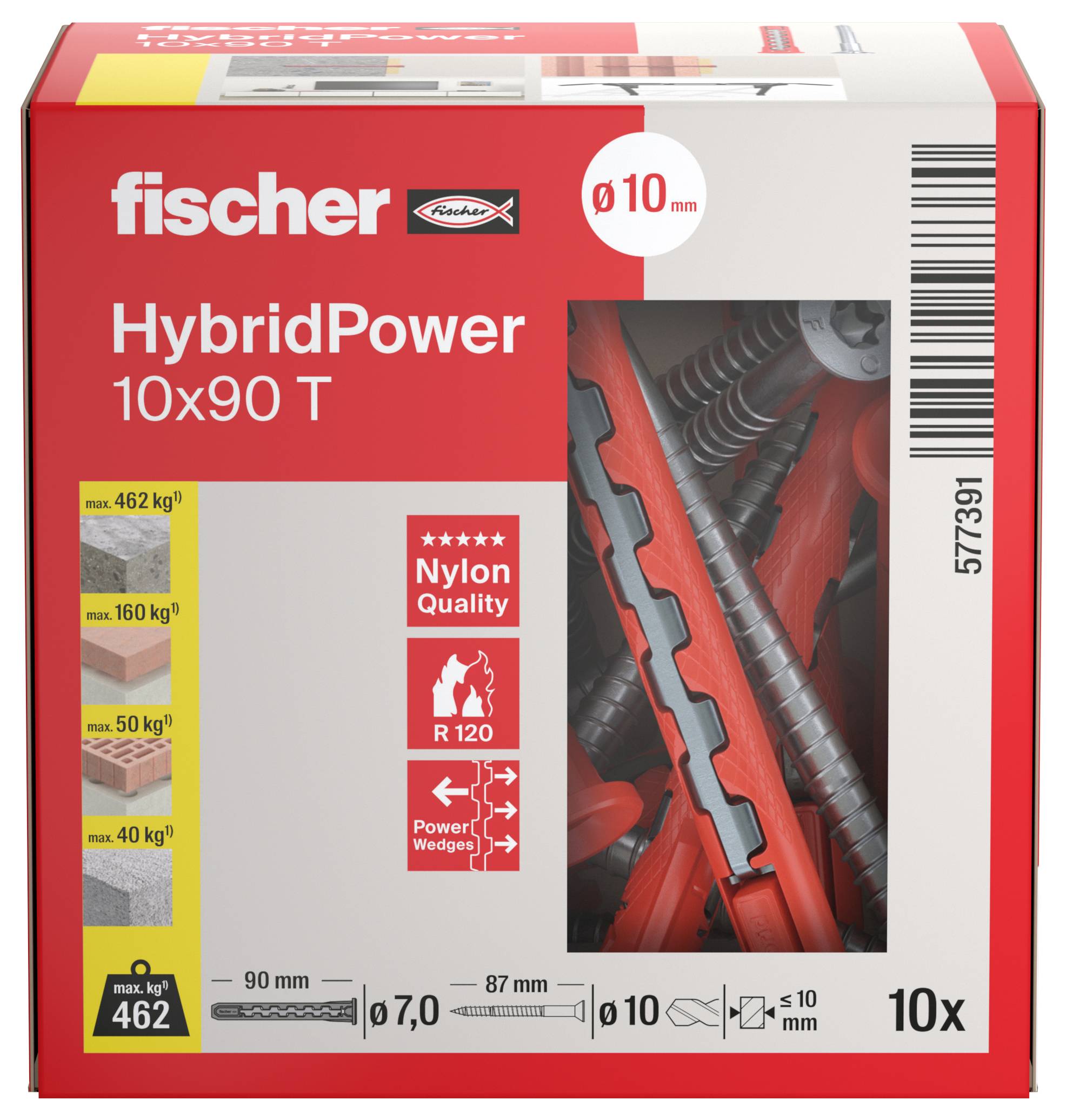 'Fischer HybridPower 10x90 T', red and white packaging showing product details: nylon quality, 10 pieces, load capacities, and size specifics.