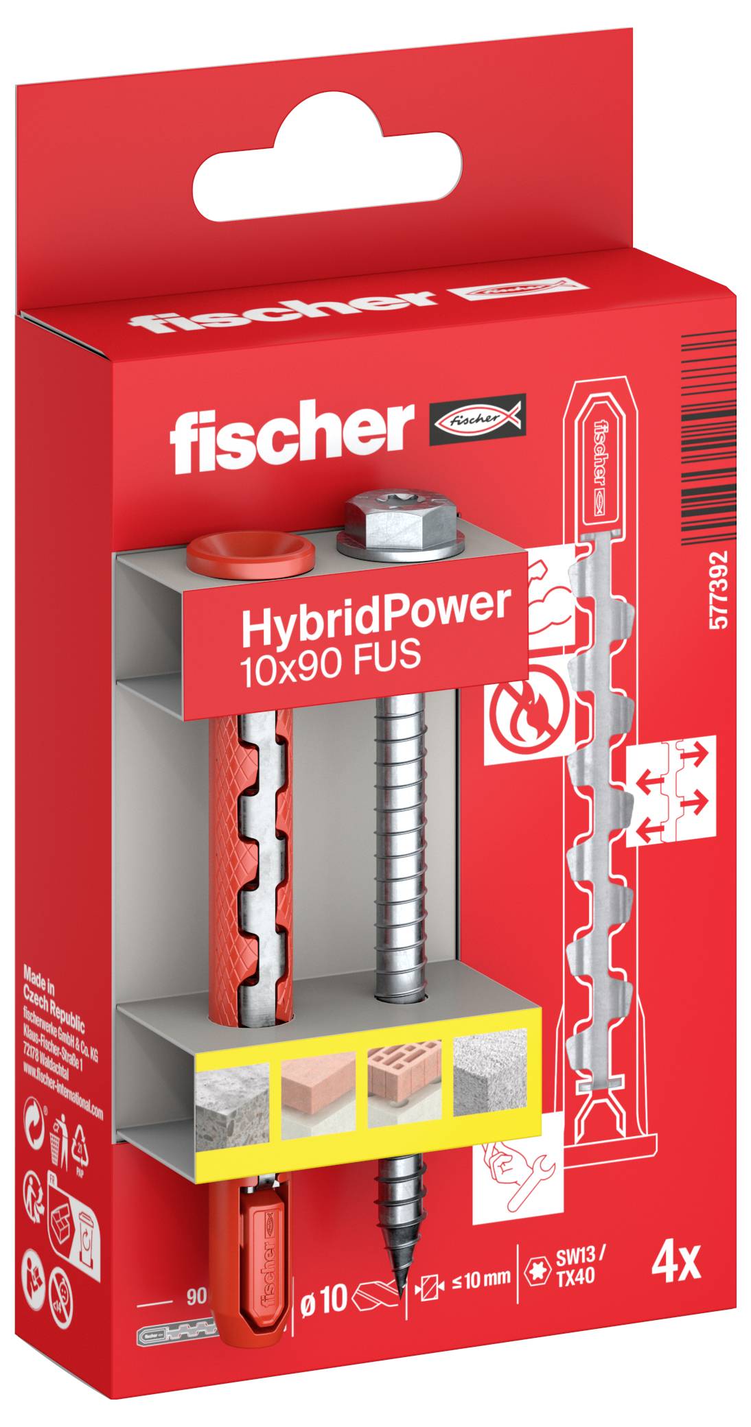'Fischer HybridPower 10x90 FUS' box displaying a screw and wall plug for secure mounting on various surfaces, comes with 4 pieces.