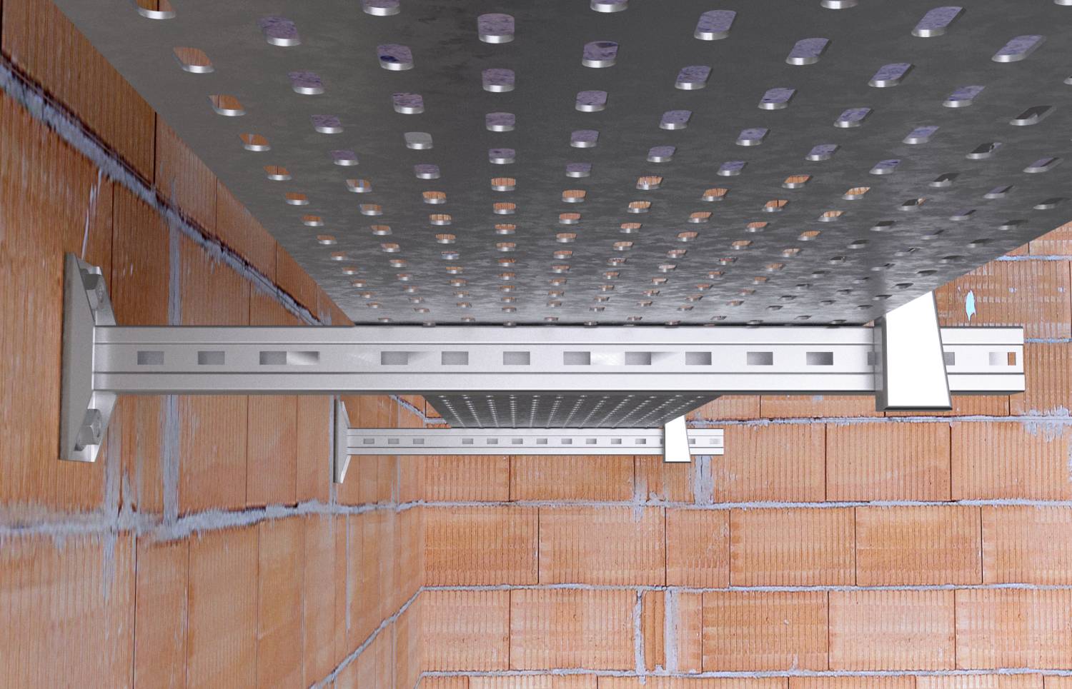 A suspended metal support structure is attached to a brick wall, designed to hold a protective panel above the surface.