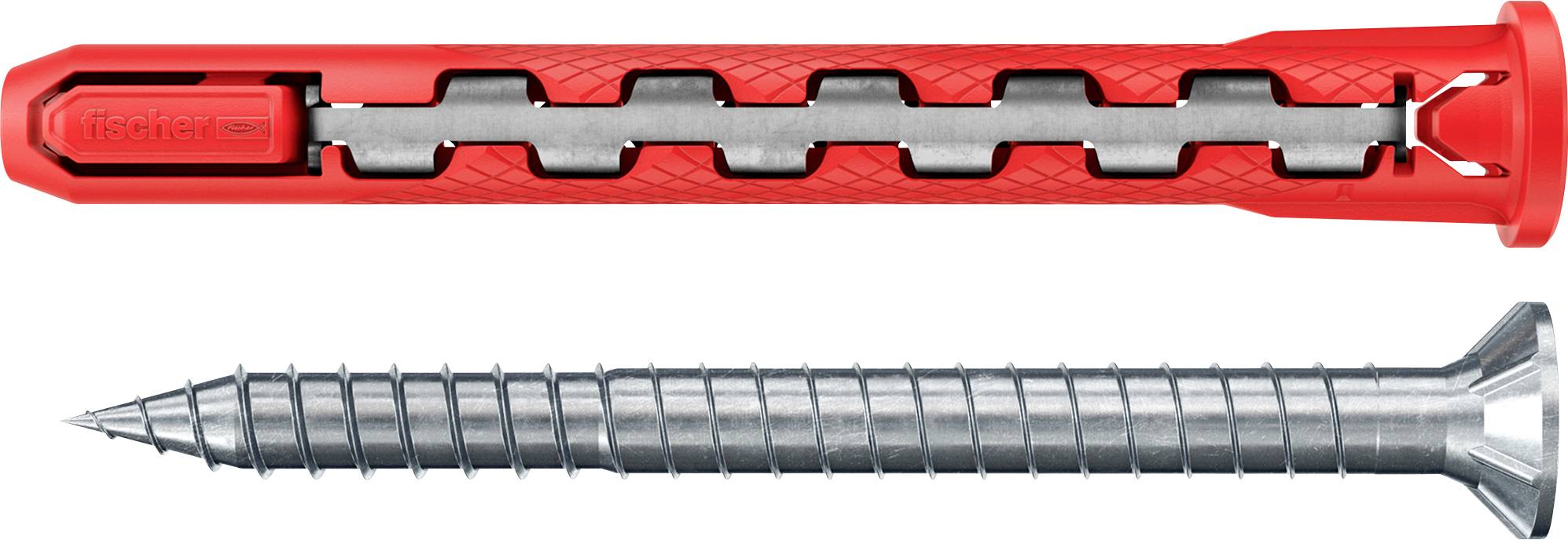 A red wall plug and a metal screw on a white background, showing items used for securely mounting objects to walls.