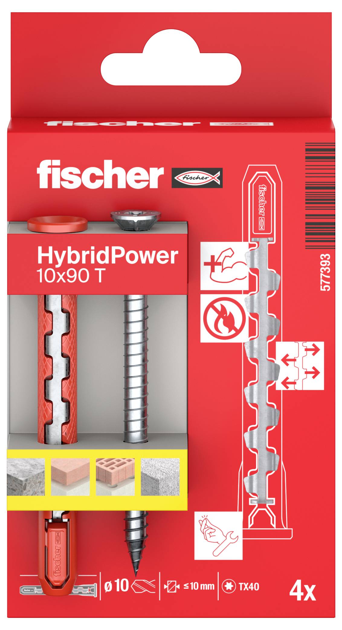 A pack of Fischer HybridPower 10x90 T wall anchors, showing a red anchor, a screw, and types of applicable materials: concrete, brick, stone.