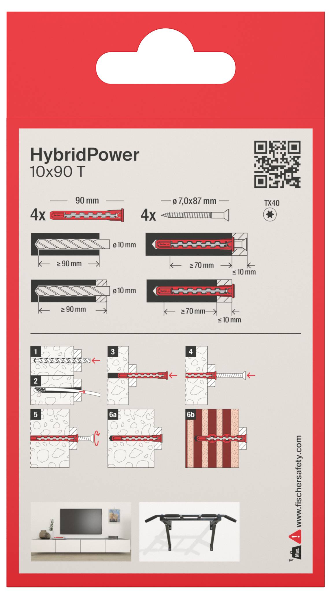 Package label for HybridPower 10x90 T screws, showing installation diagrams, dimensions, and compatible surfaces like walls and shelving.