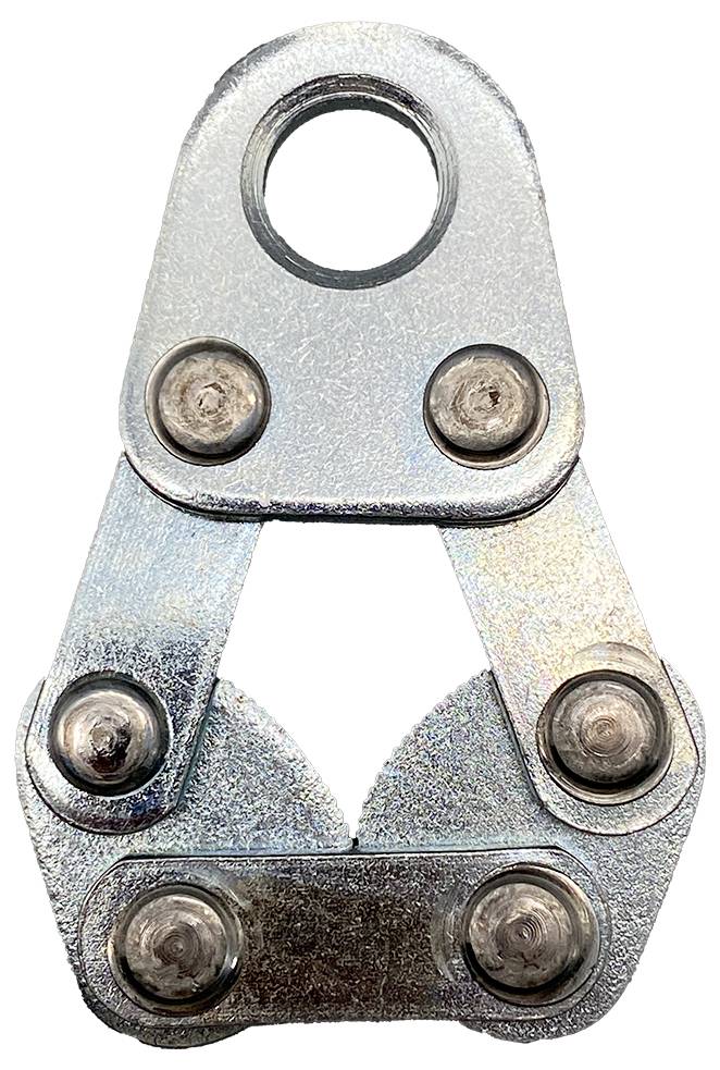 A metal clamp with four bolted joints, designed for gripping or compressing objects, featuring a central hole for attaching or hanging.