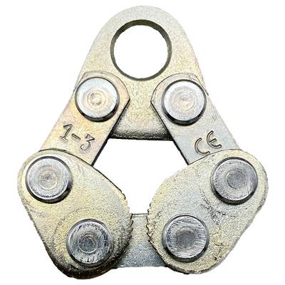 'A metal connector plate with bolted joints, labeled 1-3 and CE, used in construction or machinery for secure attachments.'
