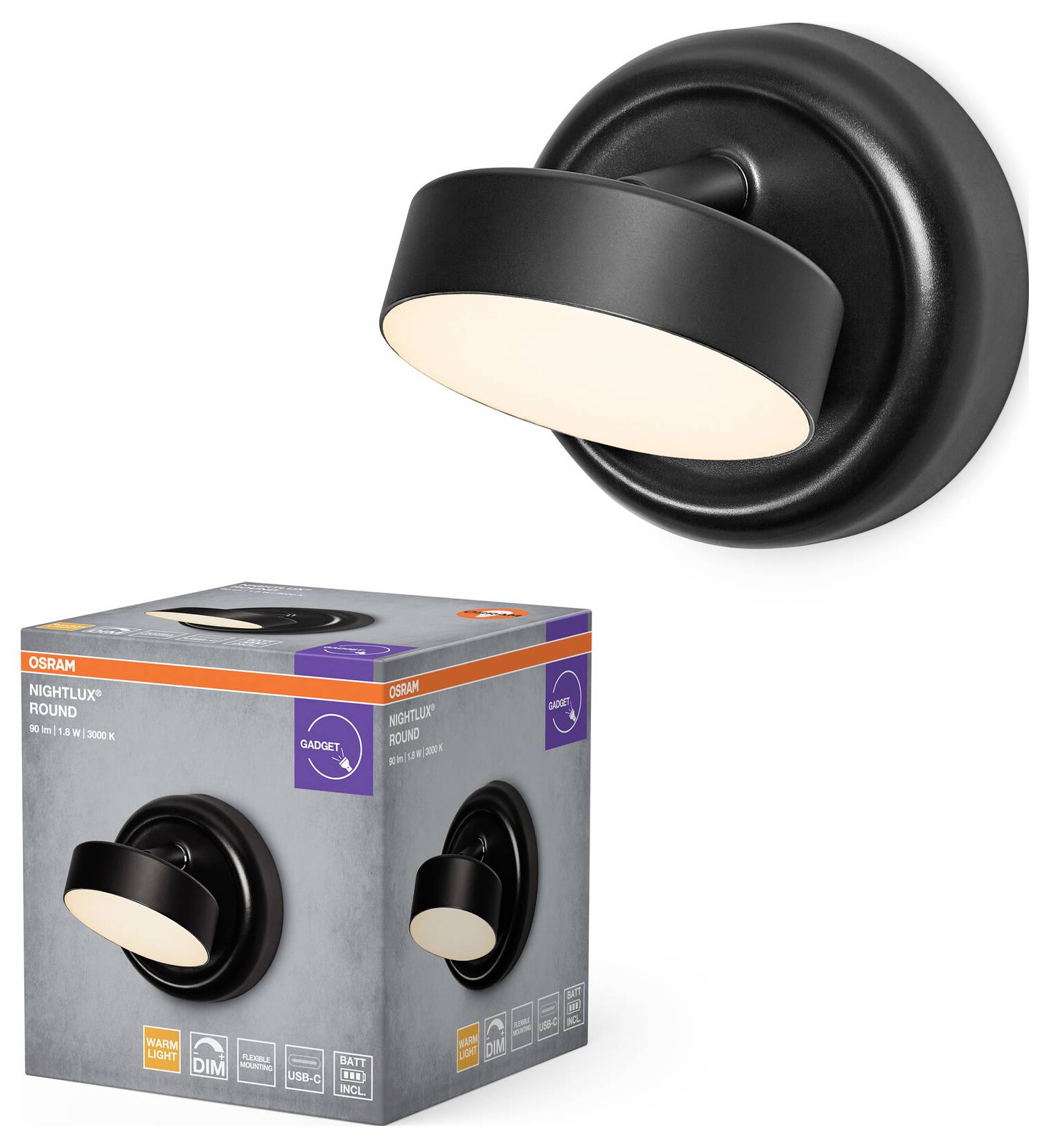 OSRAM HOMELIGHTING NIGHTLUX ROUND 830 DIM USB Black 4099854478826 Wall light Built-in LED 1.80 W LED (monochrome) Black-1