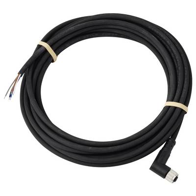 A coiled black cable with exposed wires on one end and a right-angle connector on the other, secured with rubber bands.
