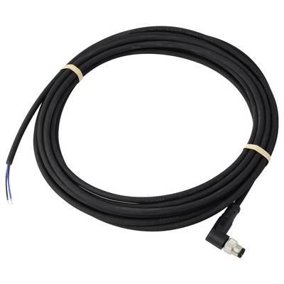 A coiled black cable with an angled connector and exposed wire ends, secured with rubber bands.
