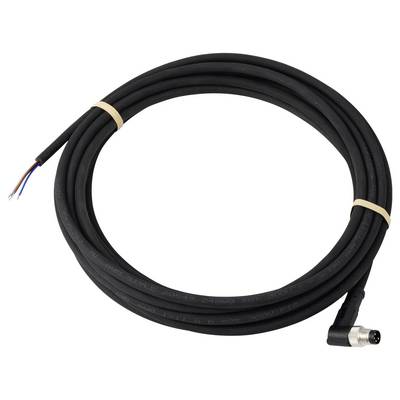 A coiled black cable with exposed wires on one end and a right-angle connector on the other, secured with tan rubber bands.