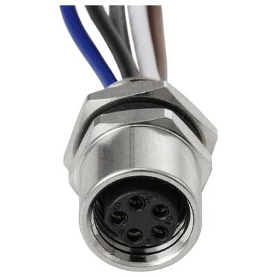 A close-up of a metal circular connector with five holes, each marked with a pin number, and various colored wires extending from the back.