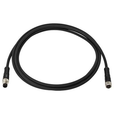 'A black cable with two different connector ends, one with three prongs and the other with a threaded metal casing, coiled in a loop.'