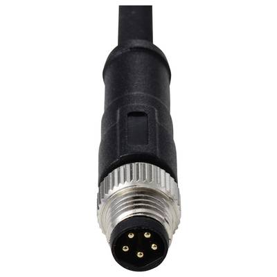 A black, circular connector with five metal pins, used for electronic devices, featuring a threaded silver ring for secure attachment.