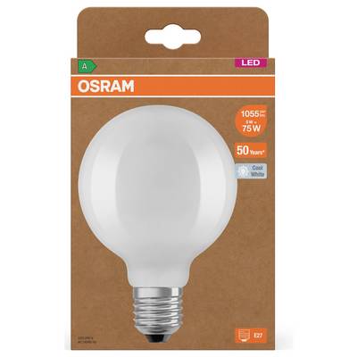 OSRAM LED light bulb package showing a 1055 lm, 5W equivalent to 75W, cool white bulb with E27 base.<br>