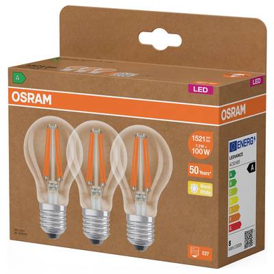 OSRAM LED light bulb packaging showing three clear filament-style bulbs, E27 base, 7.2W/100W equivalent, 1521 lumens, 50,000-hour life, A energy rating.