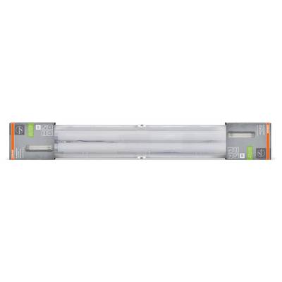 A long rectangular LED tube light fixture with two gray end caps and bright white translucent center, shown in a horizontal product view.