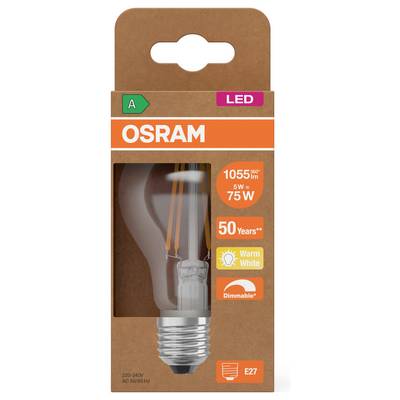 OSRAM LED filament bulb package for E27 base, 75W equivalent, 1055 lm, warm white, dimmable, 50 years<br>