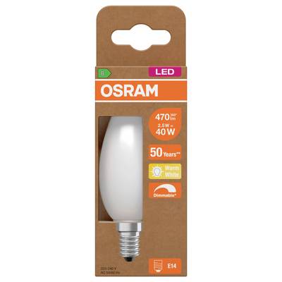 OSRAM LED light bulb package labeled 40W equivalent, 2.5W, 470 lumens, warm white, dimmable, E14 base.<br>