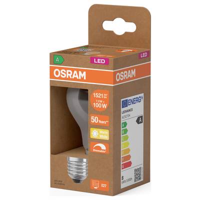 OSRAM LED light bulb retail box, labeled 100W equivalent, 1521 lumens, warm white, dimmable, E27, energy class A.<br>