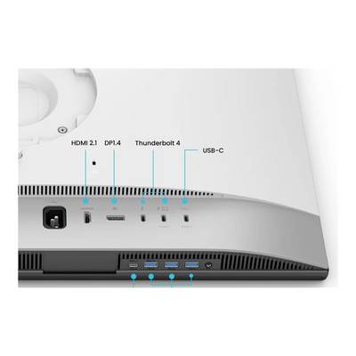 'Back of a monitor showing ports: HDMI 2.1, DP1.4, Thunderbolt 4, and USB-C. Blue labels indicate each port type.'