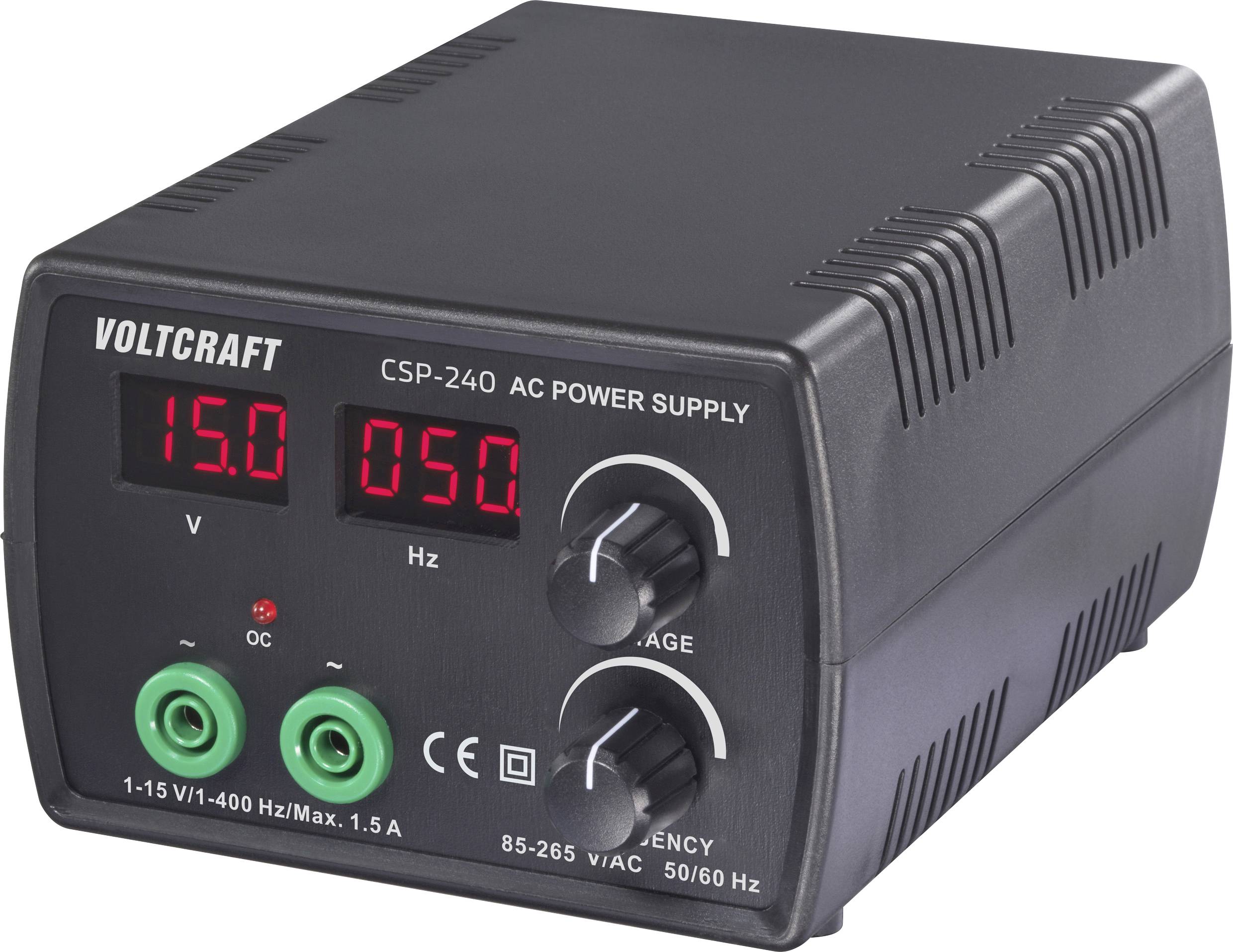'VOLTCARFT CSP-240 AC Power Supply' showing voltage (15.0 V) and frequency (050 Hz) readings with control knobs and connectors.