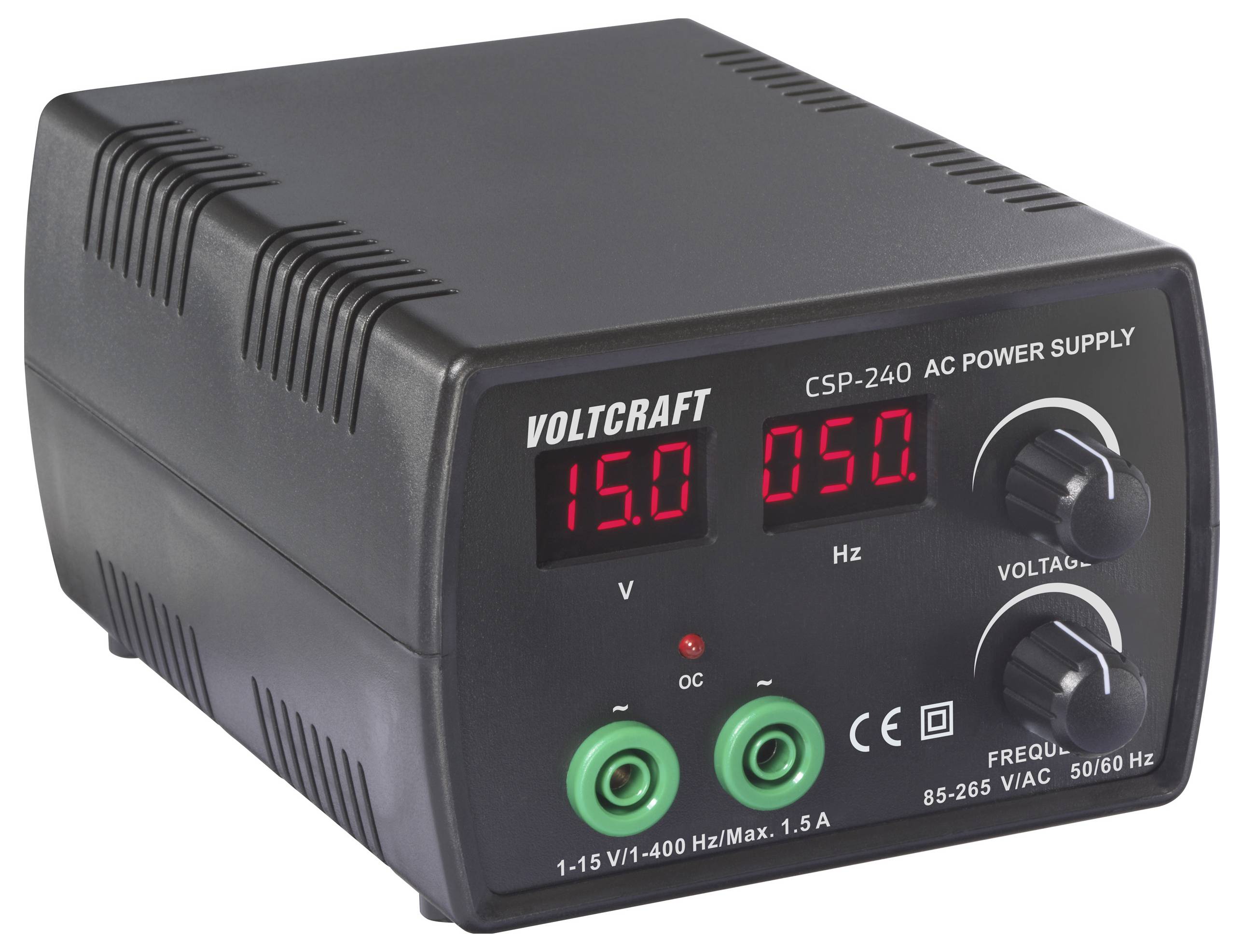 A black power supply unit with digital displays showing '15.0 V' and '50 Hz'. It has controls for voltage and frequency adjustment.