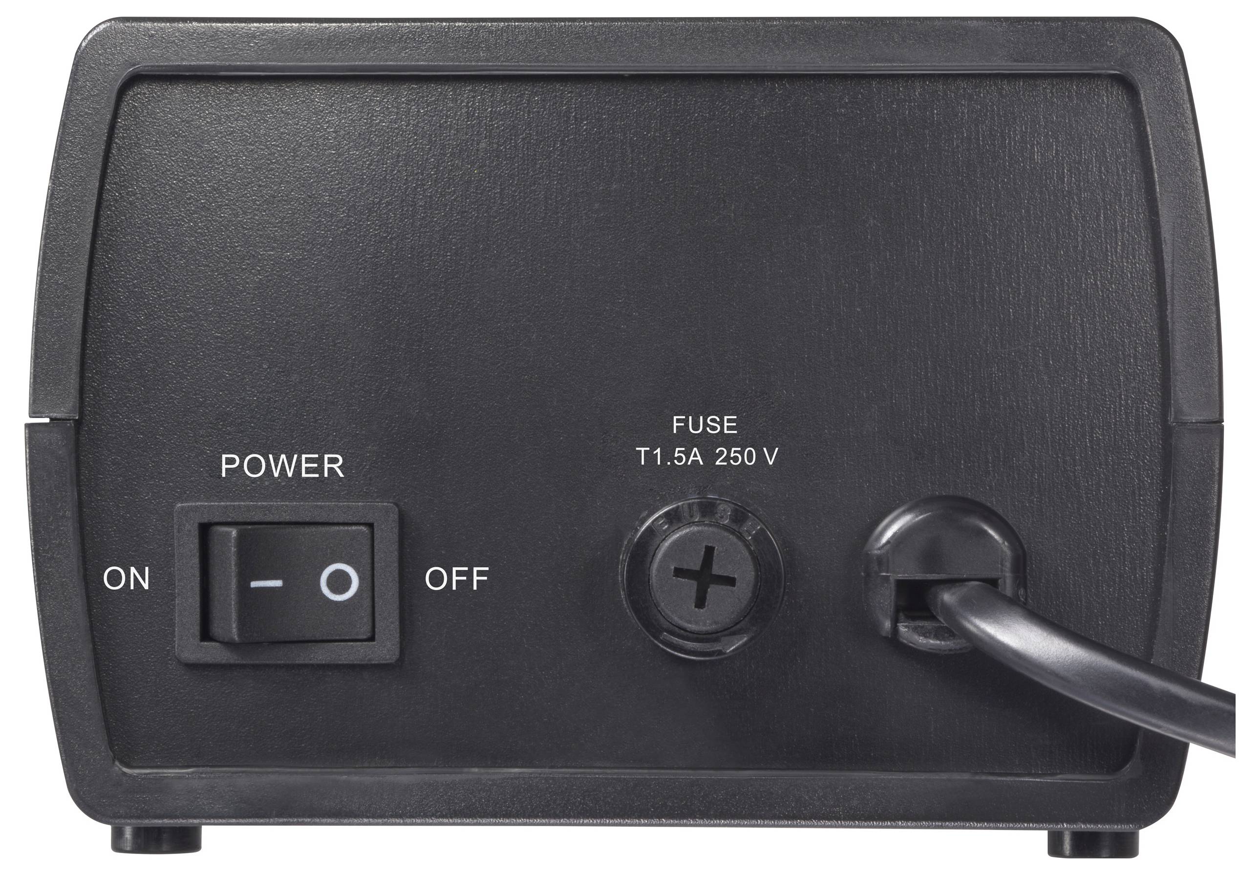'Back view of a black power supply unit with an on/off switch, a fuse labeled T1.5A 250V, and a connected power cable.'