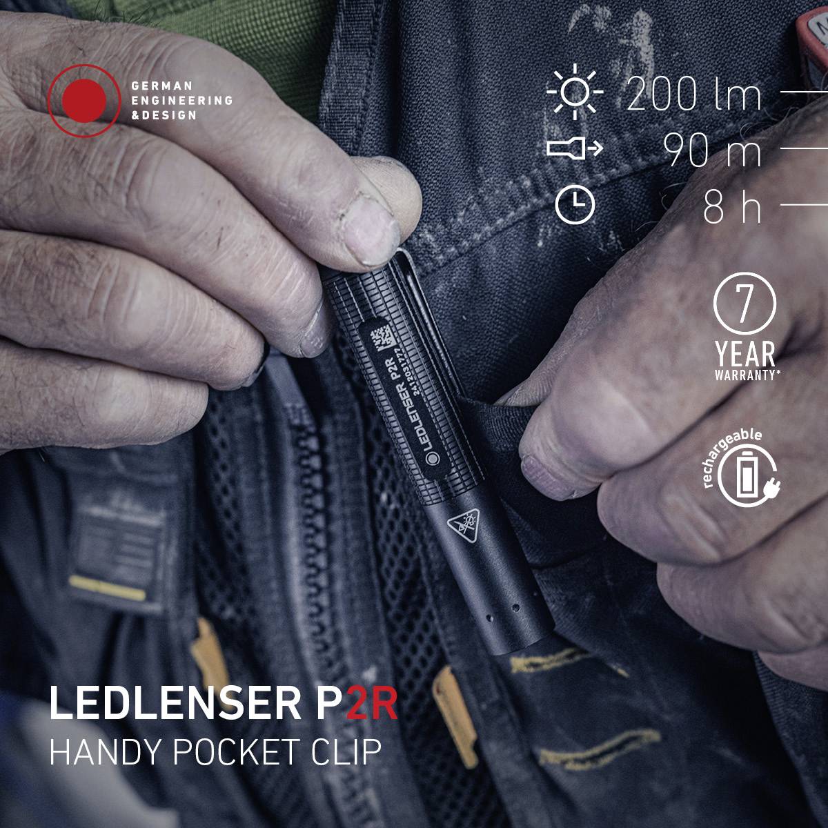 A person is holding a Ledlenser P2R torch. Text on the image contains: 200 lm, 90 m, 8 hrs, 7 years warranty.