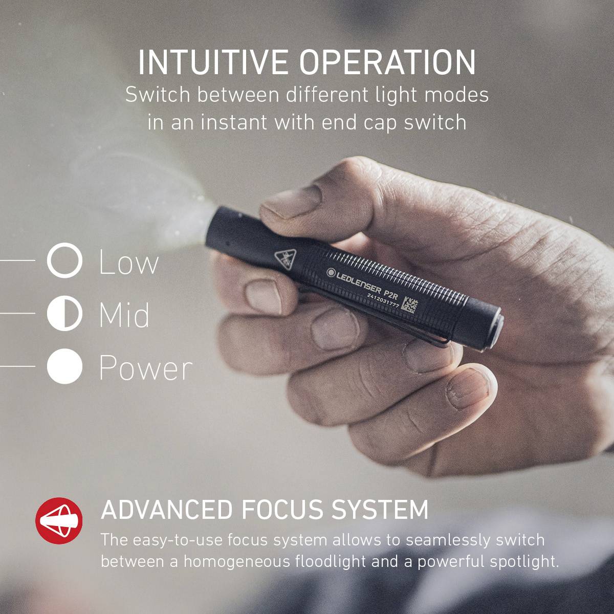 'One hand holds a torch with an indicator showing modes: Low, Mid, Power. Text describes simple operation and focus system.'