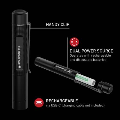 'Torch with practical clip, dual power option for rechargeable battery or standard battery. Rechargeable via USB-C (charging cable not included).'