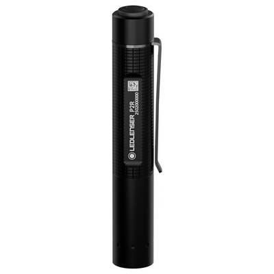 A black flashlight with a textured grip, featuring a clip on the side and engraved branding on the surface.